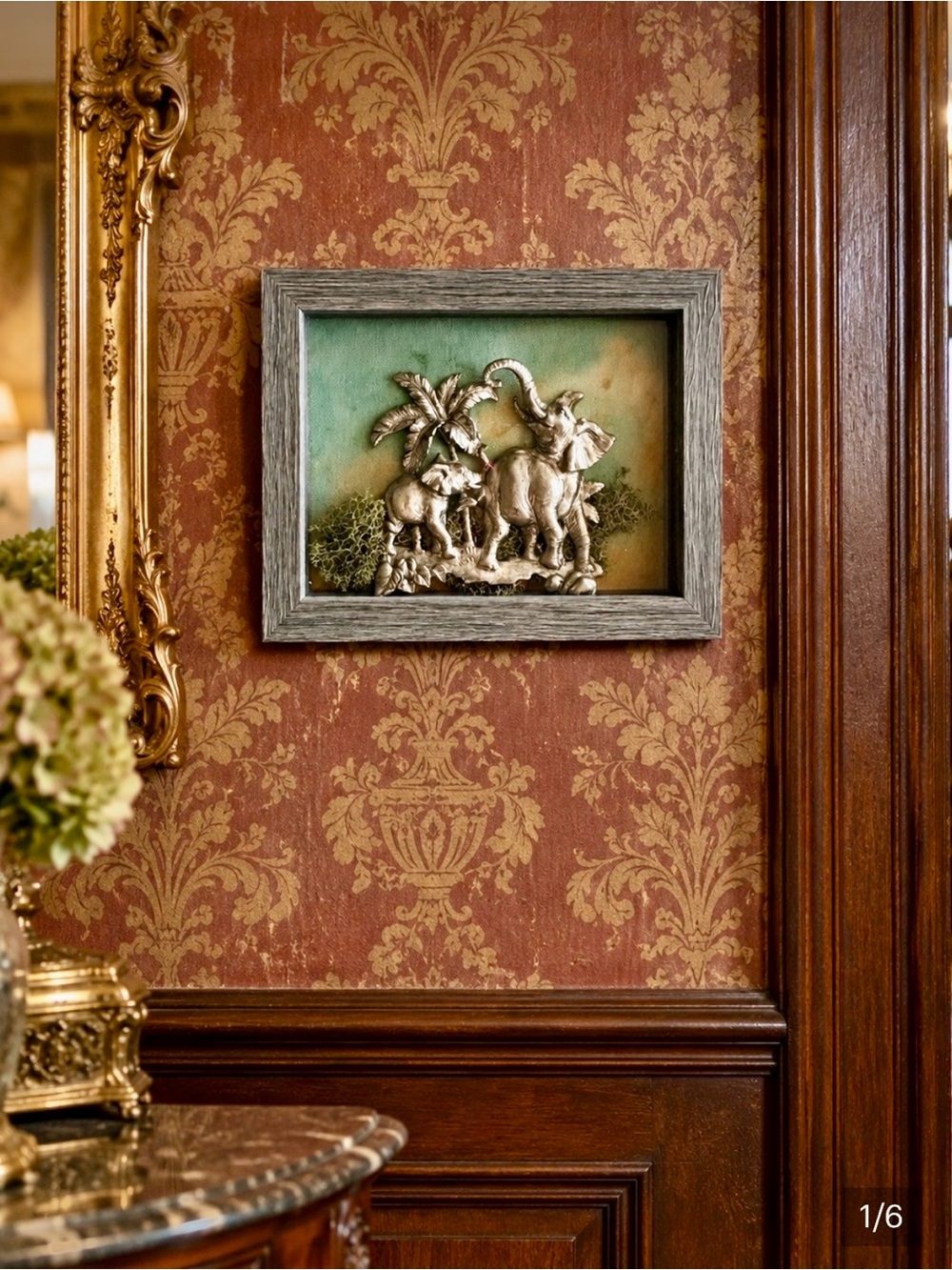 Pewter 3-D elephant sculpture framed home decor